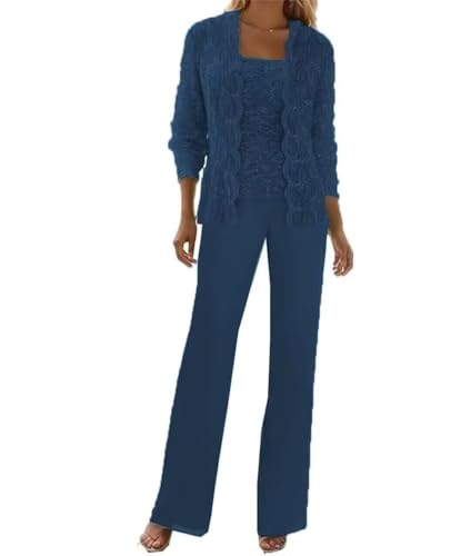 Image of 3 Pieces Chiffon Lace Mother of The Bride Pant Suits with Jackets Sequins Wedding Guest Dresses for Women