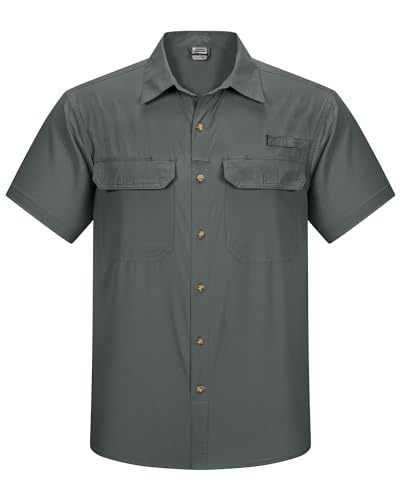 Outdoor Ventures Camisa de hombre de manga corta con protección UV, camisa de ocio impermeable, camisa funcional de secado rápido para senderismo, pesca, viajes, safari, verde y gris, L