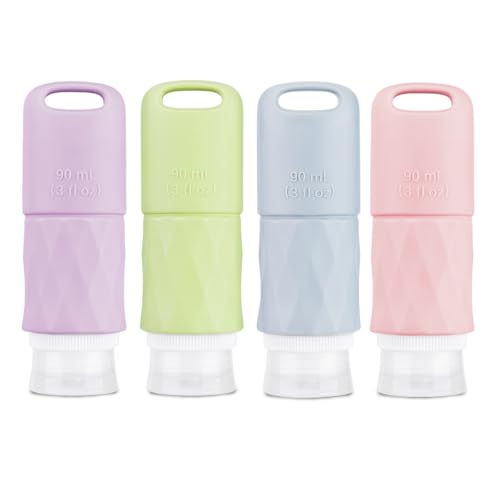 Teskyer Botes Viaje Rellenables 90 ml - A Prueba de Fugas, Portátiles, Reutilizable, con Orificio Para Colgar, Material de Silicona, Accesorios de Viaje