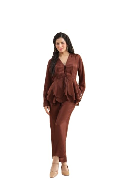 Women's Brown Solid Natural Crepe Co-ord Set-image-31