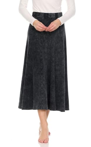 Womens/Teens Thin Ribbed Stonewash Denim Panel Maxi Skirt with Elastic Waist Mutiple Lengths