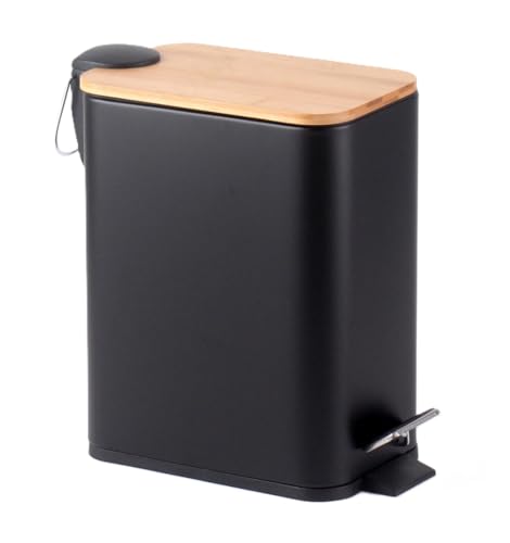 HOMION Cubo de basura con pedales para baño, 5 L, delgado, rectangular, extraíble, delgado, fácil de limpiar, 5 litros, acero inoxidable (negro con tapa de bambú)