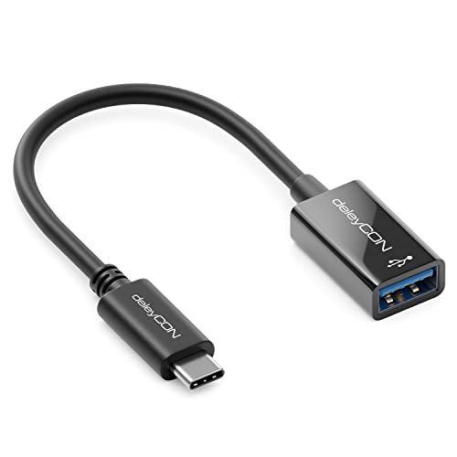 deleyCON Câble Adaptateur USB-C vers USB-A OTG - USB 3.0 5Gbit/s - Prise USB-C vers Prise Femelle USB-A - pour Les PCs Ordinateurs Ordinateurs Portables Smartphones 17 cm - Noir Cover