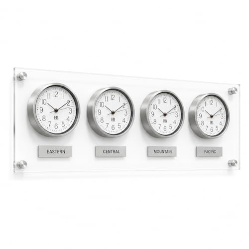 BBHORAIRE Silver Time Zone Wall Clock Silent Quartz Analog World Clock for Home or Office Battery Operated 32x12 Inch