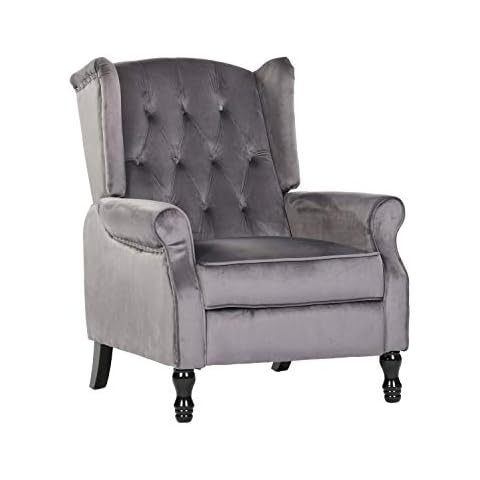 BOJU Adjustable Living Room Recliner Chair Grey Vintage Bedroom Armchair Single Sofa Chair Wing Back with Velvet Fabric Upholstered Seat Push Back Fireside Reclining Chairs Cover