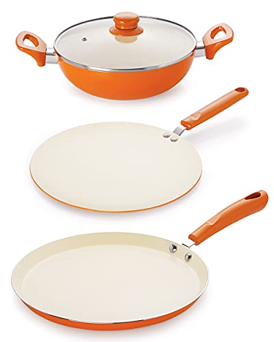Image of Nirlon Ceramic Pots & Pan 3 Pieces Set Heavy Guage 4mm Thick Aluminum Cookware for Induction /Gas Stove Tops |3-Layer Nonstick Coatings| Heat-Resistant Handle, Orange