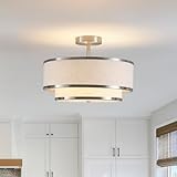 TGBFDWSE Farmhouse Close to Ceiling Light, 3-Light Flush Mount Ceiling Light Fixture with 2-Layer Fabric Shade, Modern Drum Ceiling Lamp for Hallway Bedroom Living Room (Brushed Nickel)
