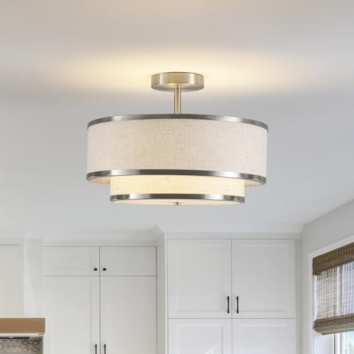 TGBFDWSE Farmhouse Close to Ceiling Light 3-Light Flush Mount Ceiling Light Fixture with 2-Layer Fabric Shade Modern Drum Ceiling Lamp for Hallway Bedroom Living Room (Brushed Nickel)