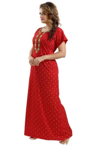 Image of Onekbhalo Women's- Full Sleeves-Feeding- Nursing- Maternity Nighty /Maxi /Gown /Nightdress /Nightwear- Hosiery Cotton Fabric- Floral Print- Embroidery with Zip