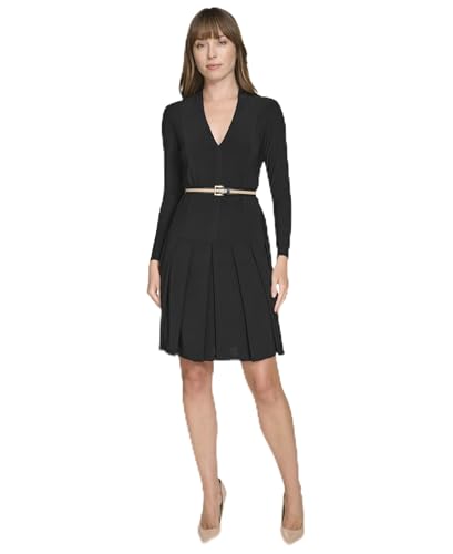 Tommy Hilfiger Women's Solid Jersey Belted Seamed Fit and Flare Dress