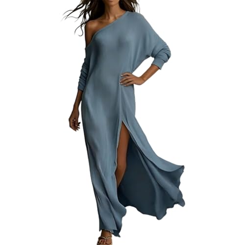 Zanisouta Vestido de verano para mujer, de manga larga, vestido de cóctel, un hombro, maxi vestido de color liso, holgado, con abertura, elegante, vestido maxi, vestido de boda, ligero, de manga larga