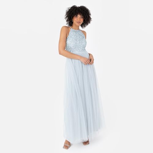 Maya Deluxe Damen Maya Deluxe Womens Ladies Bridesmaid Maxi Dress Halter Neck Sequin Embellished Prom Graduation Wedding Brautjungfernkleid, Ice Blue, 2