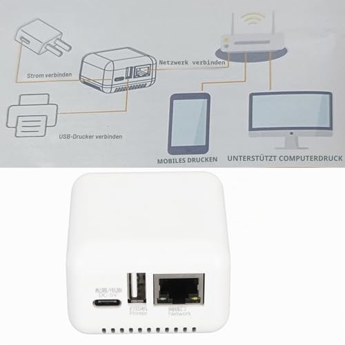 SatcOp Kabelloser Druckserver, 100–240 V, 5 V, Kompakt, Mehrere Schnittstellen, Plug-and-Play-USB-Druckserver für PC für XP (EU-Stecker)
