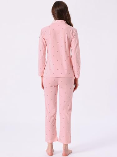 cheibear Womens Lounge Set Cotton Button Up Cute Pattern Print Long Sleeve Notched Collar Pants Set with Pockets Pajama Set4