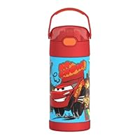 THERMOS FUNTAINER Water Bottle with Straw - 12 Ounce - Kids Stainless Steel Vacuum Insulated Water Bottle with Lid, Cars