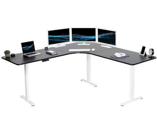 Image of VIVO Black 83 x 83 in Corner Standing Desk, DESK-KIT-E3CW83B | Electric, Triple Motor, Holds 264 lbs, Sit Stand L-Shaped Table, Height Adjustable, Memory Presets, E3C Series, White Frame