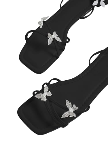 Image of GORGLITTER Women's Sparkly Butterfly Lace Up Flat Sandals Criss Cross Strappy Tie Up Slide Sandals Black 7.5