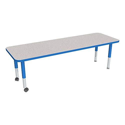 Image of Sprogs Adjustable Height Mobile Classroom Activity Table for Preschools, Rectangle Preschool Activity Table with Casters, 24 inchD x 72 inchW x 23 inchH, Gray /Blue