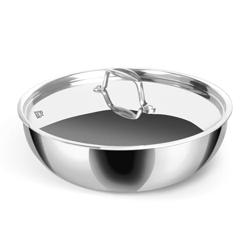 MILTON Pro cook Tri-Ply Stainless Steel Tasla with Lid, 22 cm / 2.2 Litre, Kadai/Tasra, Even Heat Distribution, Easy to Clean, Induction Gas Stove Compatible, Silver, 3 Years Warranty