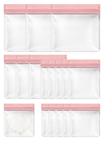 Xzenuo 16 Pack EVA Anti-Tarnish Jewelry Bags for Travel & Storage Jelly-Like Soft Jewelry Pouches Organizer for Silver Gold Earrings Rings Necklaces No Yellowing No Odor (Pink Assorted Sizes)