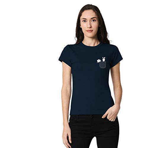 Image of Bewakoof Women's Blue Bunny Rabbit Pocket Printed Slim Fit T-Shirt