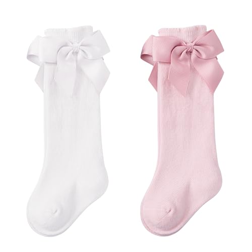 Zando 2 Pairs Baby Knee High Socks with Bow, Toddler Stockings Girls Long Socks for Infant Newborn Toddlers 0-4T