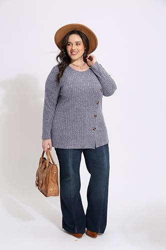 Image of RITERA Plus Size Sweater, Ribbed Long Sleeve Solid Top for Women | Soft vertical ribbed knit, modest V neck, loose long sleeves, curved swing hem, slimming casual layering top for curvy women