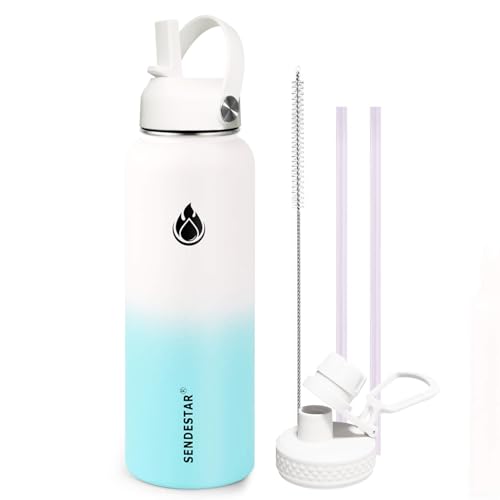 Image of SENDESTAR Water Bottle 40oz Double Wall Vacuum Insulated Leak Proof Stainless Steel Sports Water Bottle-Wide Mouth with New Flex Straw Lid & Spout Lid (White&Tiffany)