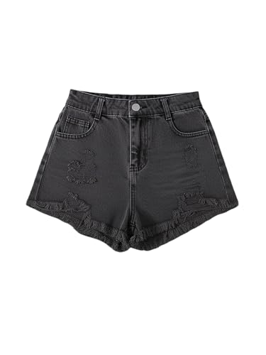 GORGLITTER Girl's Jean Shorts Cute Summer Trendy Fashion Ripped Denim Shorts High Waist Straight Leg Clothes Jorts Black Solid Washed 13 Years