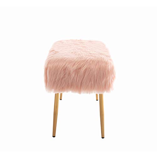 Faux Fur Vanity Bench Entryway Bench Furry Long Hair Pink Ottoman DM Furniture Fuzzy Bench with Metal Legs for Living Room, Bedroom, Dining Room, Home Decorative, Pink