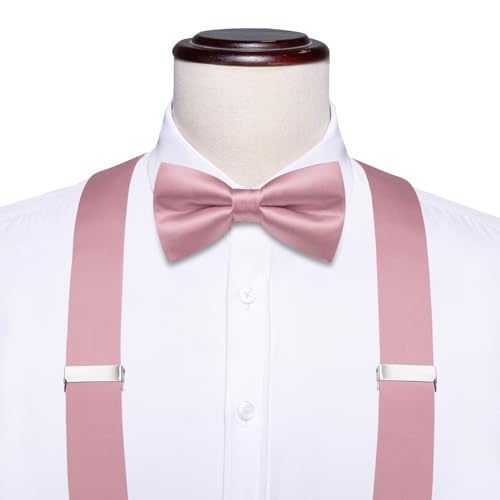 Image of Hi-Tie Men Suspender Bowtie Set Suspenders Pre-tied Bow Tie Pocket Square Cufflinks Adjustable Y Shape 6 Clips Braces Tuxedo