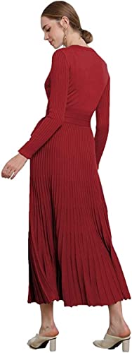 Image of Women's Long Sleeve Sweater Dress Ankle Length Fall Dress Vneck Knit Winter Dress