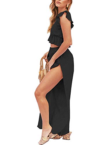 FANCYINN Womens 2 Pieces Outfits Deep V Neck Crop Top Side Slit Drawstring Wide Leg Pants Set Jumpsuits4