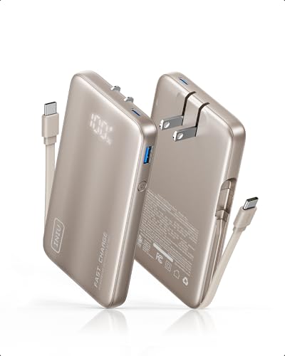 Image of INIU Portable Charger, Ultra Slim 45W Fast Charging Power Bank with Built-in AC Wall Plug, 10000mAh GaN 3-in-1 Battery Pack for Flight-Safe Travel, for iPhone 17 16, Samsung S26, iPad etc, Champagne