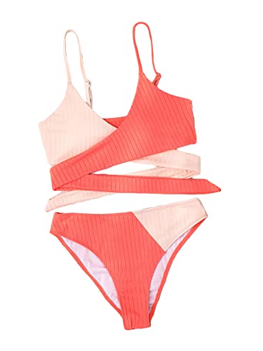 Women's 2 Piece Colorblock High Waisted Wrap Spaghetti Strap Summer Swimsuit Bikini Set3