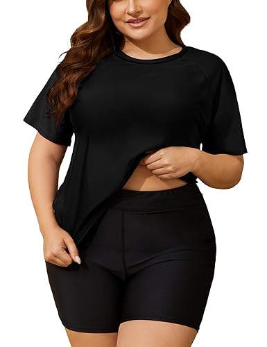 COOTRY Womens 2 Piece Plus Size Rash Guard Swimwear Short Sleeve Swimsuits Bathing Suit Swim Shirt and Shorts UPF 50+