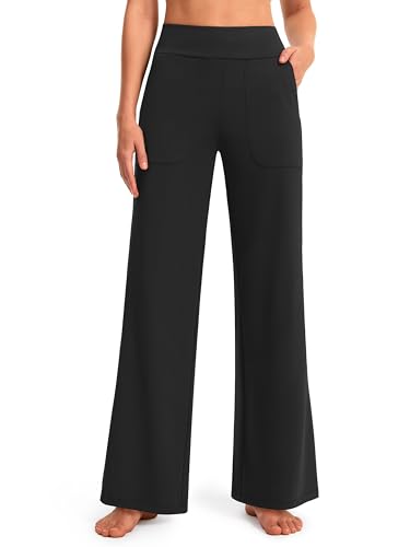 AFITNE Womens Wide Leg Yoga Pants with Pockets High Waist Stretch Dress Casual Pants Loose Lounge Sweatpants 28