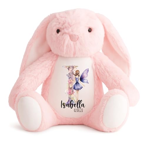 Crafted Memories - Personalised Bunny Rabbit Teddy | Velveteen Rabbit Soft Toy | Customisable Name for Newborns | Keepsake for Boys & Girls | Baby Shower Item | Water Colour Initial | 20-23cm