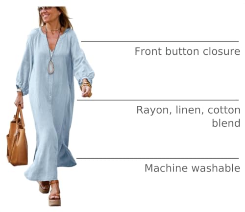 Image of chouyatou Women Summer Long Sleeve Notch Neck Maxi Linen Shirt Dress Loose Button Down Tunic Shift Dress