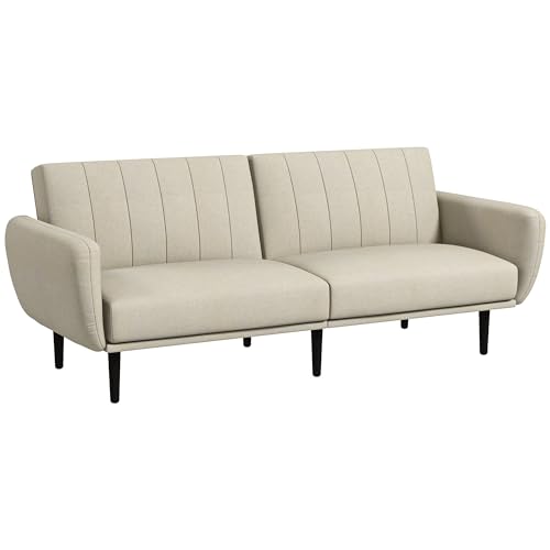 HOMCOM Sofá Cama Convertible en sofá Lounge de Tela con Aspecto de Lino 3 plazas Estilo Moderno Respaldo reclinable 3 Posiciones Patas de Madera Maciza Beige