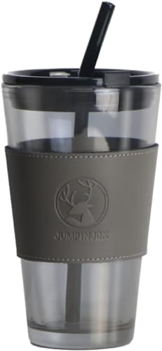 Image of KHOLAD Reusable Glass Coffee Sipper Mugs with Lid & Straw Pack of 1, 400ml Multipurpose Drinking Glasses Tumbler with Leather Sleeve Cup for Juice Smoothies Iced Tea Home & Travel (Grey)