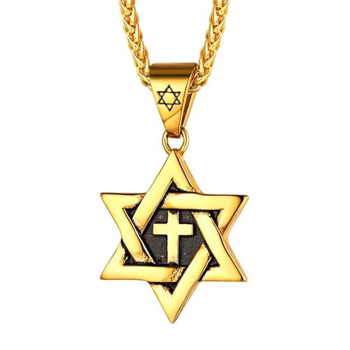 FaithHeart David of Star Necklace for Men Women, Jewish Star Pendant Necklace Stainless Steel Hebrew Amulet Jewelry, Gift Box 04. Cross-Gold