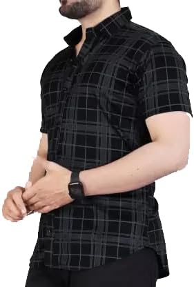 Genericfabripple Men's Polyester Lycra Printed Regular Fit Half Sleeves Casual Shirt_Free Size (Medium, Black)