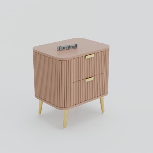 Image of Premium HDMR Wood Bedside Table with 1 Drawer & Open Storage Shelf, Fluted Nightstand with Golden Legs for Bedroom, Modern End Table, for Living Room | Taupe Finish, Set of 2