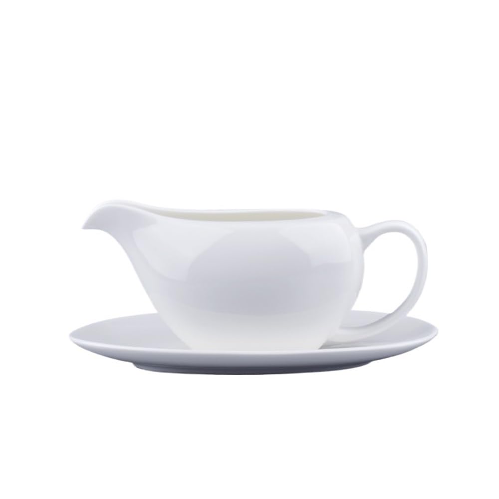 OLSKFUH Kitchen 400Ml White Sauce Cup With Bottom Plate Ceramic Gravy Boat For Hotel Restaurant Pouring Sauce Creamer Jug,
