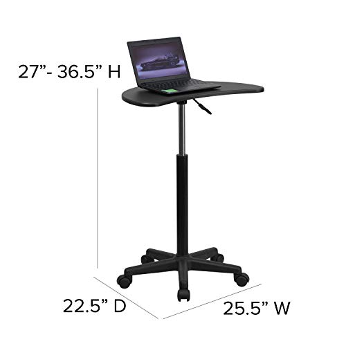 Flash Furniture Eve Sit to Stand Mobile Laptop Desk/Speaker's Lectern with Wheels, Modern Height-Adjustable Portable Standing Computer Desk, Black