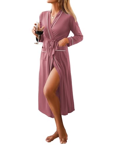 Image of Ekouaer Women Kimono Robes Full Length Knit Bathrobe Lightweight Soft Sleepwear V-neck Casual Ladies Loungewear S-XXL