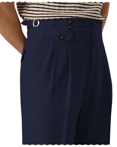 Vintage Men's High - Waisted Pleated Cotton Trousers with Buckle, Retro Fit for Daily