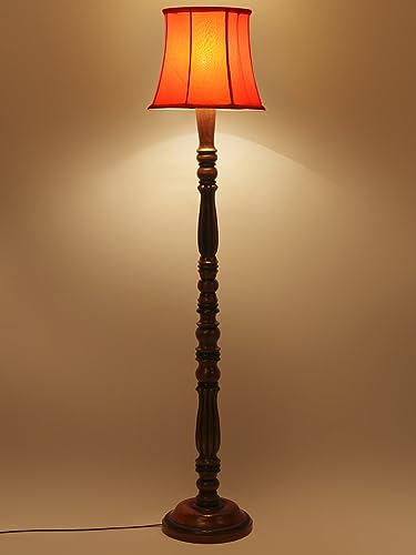 Image of Cylindrical Drum Floor Lamp with Wooden Base - Height 57 Inches, Orange | Modern Standing Lamp for Home, Living Room, Bedroom & Office | Elegant Lighting Decor | Cotton