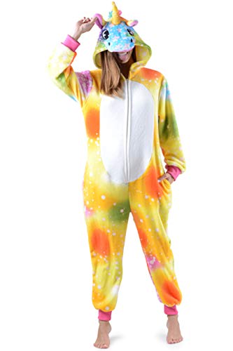 Adult Animal Onesie Pajama Costumes (Yellow/Purple Tie Dye Unicorn, Medium/Large)